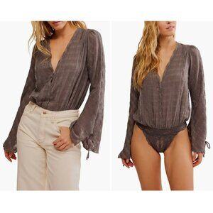 NWT New Free People Everything's Rosy Long Sleeve Grey Bodysuit Size XS